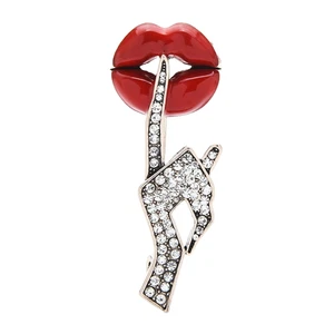 Spilla labbra rosse spilla shhh dito cristallo strass gioielli dichiarazione regalo - Foto 1 di 3