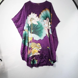 Grace Silk Kimono Caftan Purple Floral Lotus Mandarin Ducks Asian Dress MuMu - Picture 1 of 8