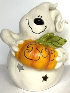 Boo pumpkin Ghost Candle House Holder Ceramic Halloween Blue Sky 8” T Goldminc - Picture 1 of 6