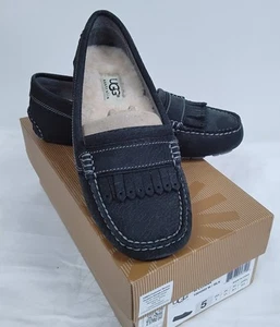 UGG UK 3.5 EU36 Lonna Black Moccasin Wool Lined Fringe Leather slippers - SH04 - Picture 1 of 8