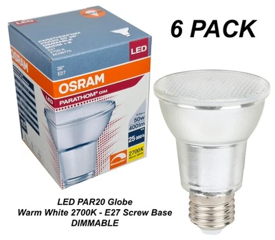 6 x Dimmable LED PAR20 Floodlight Globes Bulbs 5W 240V E27 Warm White 2700K - Image 1 of 4
