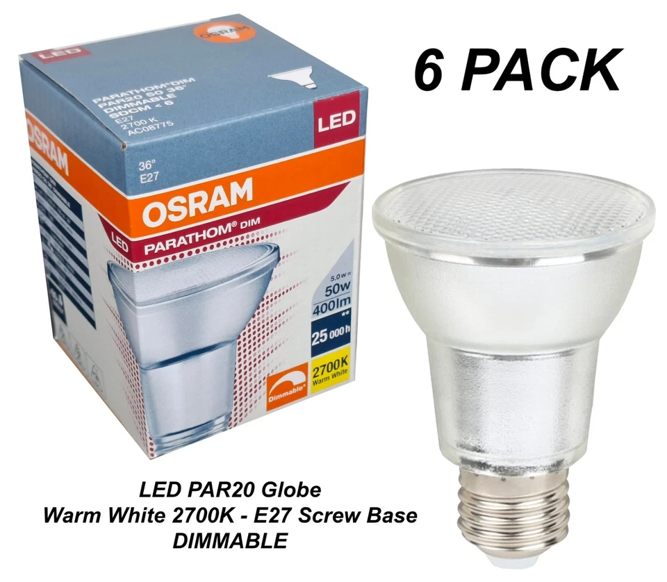 6 x Dimmable LED PAR20 Floodlight Globes Bulbs 5W 240V E27 Warm White 2700K - Image 1 of 4