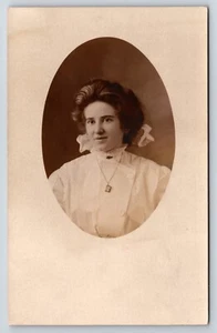 Postcard Unidentified RPPC Portrait Beautiful Women Big Hair Bow  - Picture 1 of 2