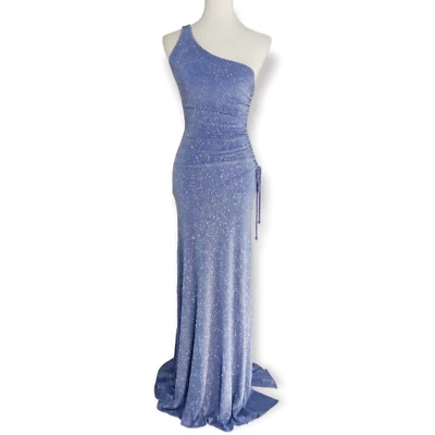Jodi Kristopher Gown Dress Size Medium Blue Silver One Shoulder 90s Vtg Prom - Image 1 of 4