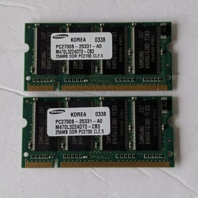 Two Samsung 256MB DDR PC2700S-25331-A0 333MHz  Memory M470L3224DT0-CB3 SoDimm - Image 1 of 4