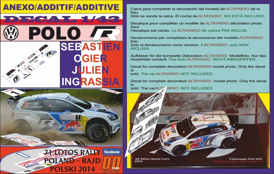 ANEXO DECAL 1/43 VOLKSWAGEN POLO R WRC S.OGIER R.POLAND 2014 WINNER (08) - Image 1 of 1