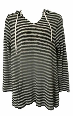 La Blanca 松弛连帽毛衣遮盖束腰外衣午夜蓝色条纹大号 — 第 1/4 张图片