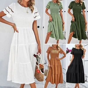 Solid Color Hallow Eyelet Sleeve Tiered Midi Dress - Picture 1 of 27