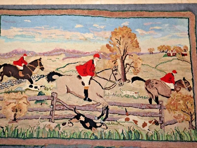 Antigua alfombra primitiva 58" x 38" enganchada escena de caza ecuestre perros caballos jinetes Foto 1 de 4