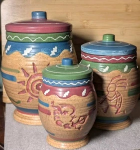 Southwest Ceramic Kokopelli Art Pottery 3 Lidded Canister Set Marked WMG '05 - Picture 1 of 23