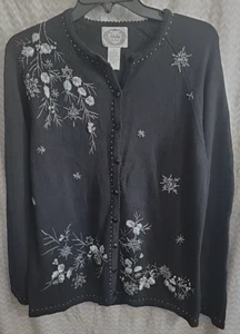 Stitches In Time Cardigan Sweater Women’s Small Black Floral Beaded Embroidered - Picture 1 of 3