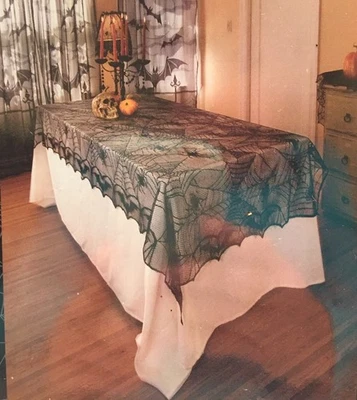 Gothic Black Lace Tablecloth Spider Web Bats Table Cloth Halloween Party Spooky - Image 1 of 4