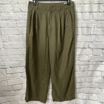 女式军队夹克绿色间隙打褶 100% 亚麻裤长裤阔腿裤 12 码 — 第 1/4 张图片