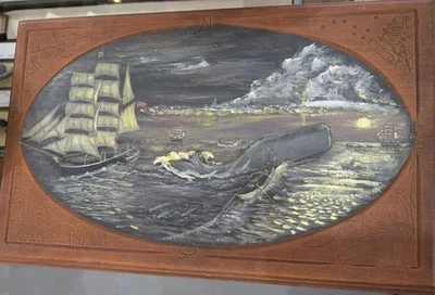 Vintage Etched Wood Painting Wanderer Whaler Sperm Whale Hunt By P. Athaide jr - Image 1 of 4