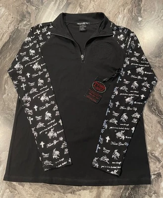 Cowgirl Tuff Women’s 1/4 Zip Black T-Shirt w/Beautiful Printed Raglan Sleeves, L - Image 1 of 4