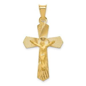 14k Yellow Gold Satin & D/C Crucifix Cross Religious Charm Pendant 1.46 Inch - Picture 1 of 4