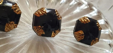 Vintage 1940 Glass Buttons Black Art Deco Gold Gilt 1/2 in Square Shank Lot of 3 Cover