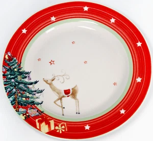 Juego de 4 Plato de Ensalada Spode Jubileo de Navidad 7 7/8" Estrellas de Reno Árbol Borde Rojo - Imagen 1 de 3