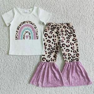 Girls Rainbow Print White Short Sleeve Shirt Leopard Bell Pants Set 2pcs Outfit - Picture 1 of 1