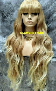 39" FULL WIG LONG WAVY LAYERED WITH BANGS MEDIUM BLONDE MIX #T27.613 HEAT OK NWT - Picture 1 of 7