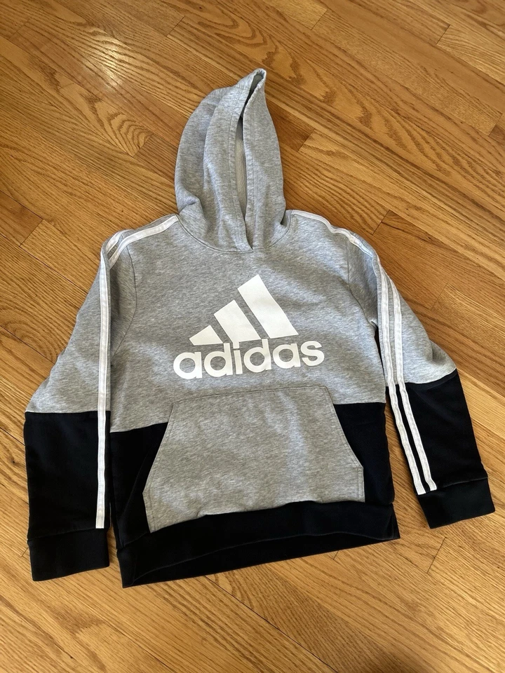 Adidas Sweatshirt Youth Medium Gray Hoodie w Pouch Spell Out Logo - Image 1 of 4