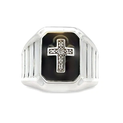 Anillo de plata esterlina con cruz de diamantes esmalte negro para hombre talla 10 Foto 1 de 2
