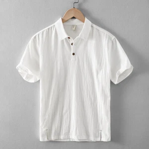 Summer New Men's Linen Shirt Chinese Style Lapel Cotton Linen Short-sleeved Tops - Picture 1 of 19