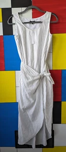 NWT Drew Oakley Dress White Cotton Tencel Womens Small Midi Wrap Striped Summer - Picture 1 of 11