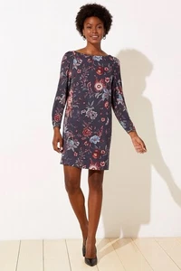 LOFT Petites Gray Floral Long Sleeve Shift Dress 4P Back Zip Retro Style - Picture 1 of 8