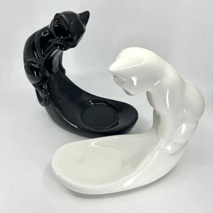 2 Vintage Haeger Vandor Pottery White and Black Cat Sculpture Bowl Holder - Picture 1 of 16