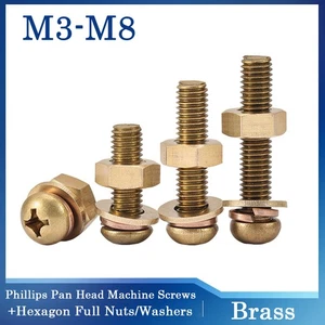 M3 M4 M5 M6 M8 Brass Phillips Pan Head Machine Screws+Hexagon Full Nuts/Washers - Picture 1 of 64