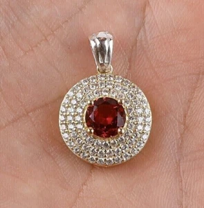 Red Ruby Lovely Halo 4Ct Round Cut Lab Created Pendant 14K Yellow Gold Plate - Picture 1 of 7