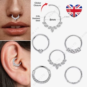 Daith Septum Ohrringe Nasenpiercing 8 mm Ring Clicker Creolen Silber Klappverschluss - Bild 1 von 11