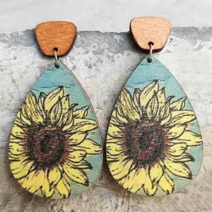 Boho Wood Water Drop Earrings for Women Vintage Rustic Flowers Holiday Jewelry - Picture 1 of 8