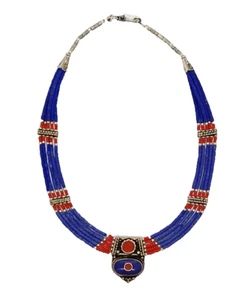 N11d Tibetan Jewelry Lapis Lazuli Coral Ethnic Necklace bead women ladies mala - Picture 1 of 2