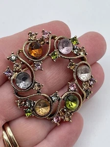 Vintage Monet Multi Colored Rhinestone Brooch Gold Tone Wreath Circle Pin - Picture 1 of 6