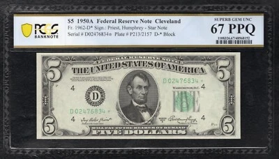 FR. 1962-D* 1950-A $5 *STAR* FRN CLEVELAND, OH PCGS BANKNOTE GEM UNC-67PPQ - Image 1 of 2