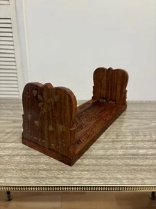 Vintage Wooden Brass Inlaid Extending Bookends Book Slide Wit Hand Carved Design - Picture 1 of 24