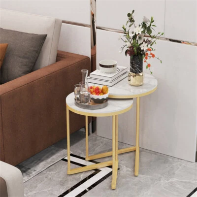 Round Nesting Coffee Table Set of 2 Marble Stacking End Side Table Golden Frame - Image 1 of 4
