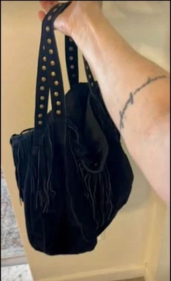 Anthropologie Raj Suede Boho Fringe Handbag Black - Image 1 of 4