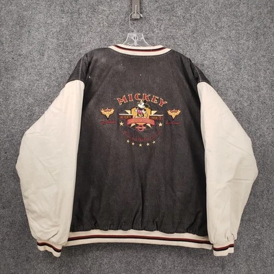 Chaqueta Universitaria Disney Store Para Hombres XL Negra Manga Larga Mickey Mouse Bomber Denim Foto 1 de 4