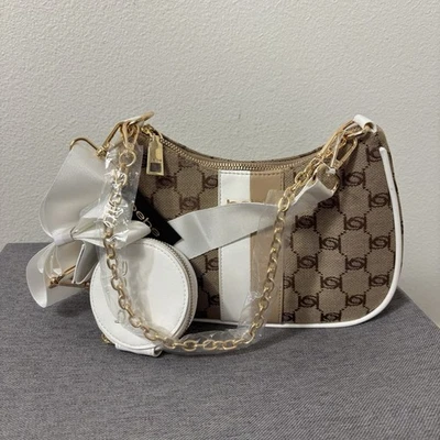 New Bebe Brown Grey Shoulder Bag Crossbody Gold Chain Pouch Sparkly Rhinestones - Image 1 of 4