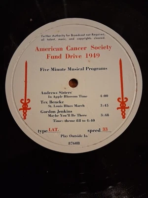 Vintage 16" Transcription Vinyl AMERICAN CANCER SOCIETY RARE - Image 1 of 4