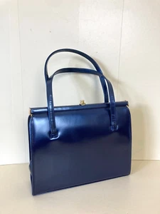 Bolso de Mano Meadows Of Regent Street Vintage Cuero Azul Marino Asa Superior Años 50 60 - Imagen 1 de 11