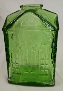 Caja de ahorros de monedas de 6"" de alto Wheaton NJ Green Glass 1st National Bank años 70 usada en excelente estado - Imagen 1 de 7