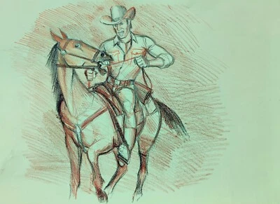 Arte de pared vaquero dibujo a lápiz original vaquero sobre caballo Foto 1 de 4