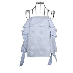 Topshop blue gingham 3/4 cold shoulder sleeve top size 8 - Picture 1 of 8
