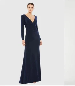 Mac Duggal Ieena 26573 Long Sleeve Ruched V-Neck Gown Navy Midnight Blue Size 12 - Picture 1 of 12