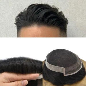 Toupee Men Human Hair Replacement Systems French Lace Poly Coating Wig Hairpiece - Picture 1 of 52