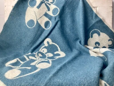 Manta Bebé De Colección Lana Ositos de Peluche Estampado Reversible Azul Alafoss Islandia Etiqueta Foto 1 de 4